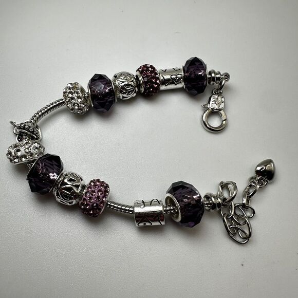 Pandora-style, silver tone purple glass, pink/white rhinestone beaded bracelet! - Picture 11 of 13